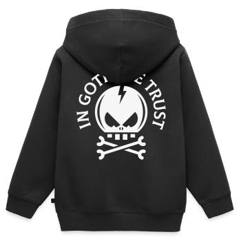 In Goth We Trust (Gothic / Totenkopf / Schädel) - Kinder Premium Organic Zip Hoodie - Schwarz - Hinten - AI Model Kid Male (0cm)