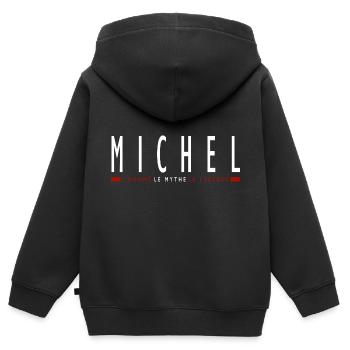 MICHEL prénom cadeau t-shirt personnalisé michel - Sweat Premium à capuche zippé enfant bio - noir - Dos - AI Model Kid Male (0cm)