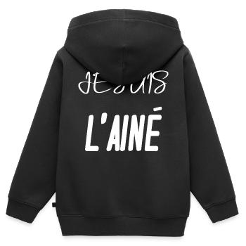 Je suis l'ainé plus vieux enfant fratrie tshirt - Sweat Premium à capuche zippé enfant bio - noir - Dos - AI Model Kid Male (0cm)