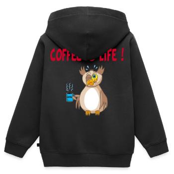 Eule und Kaffee (Englisch) - Kinder Premium Organic Zip Hoodie - Schwarz - Hinten - AI Model Kid Male (0cm)