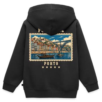 Portugal Porto Vintage Reisemarke - Kinder Premium Organic Zip Hoodie - Schwarz - Hinten - AI Model Kid Male (0cm)