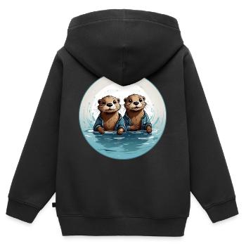 Deux loutres debout dans l’eau - Sweat Premium à capuche zippé enfant bio - noir - Dos - AI Model Kid Male (0cm)
