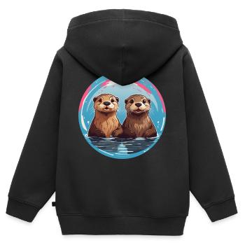Deux loutres debout dans l’eau - Sweat Premium à capuche zippé enfant bio - noir - Dos - AI Model Kid Male (0cm)