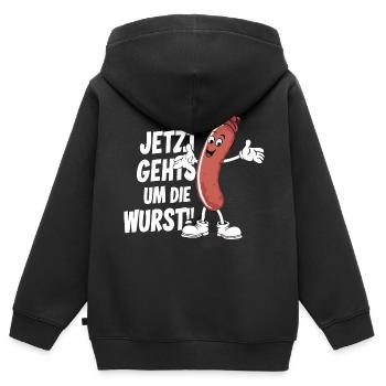 Jetzt geht es um die Wurst - Kinder Premium Organic Zip Hoodie - Schwarz - Hinten - AI Model Kid Male (0cm)