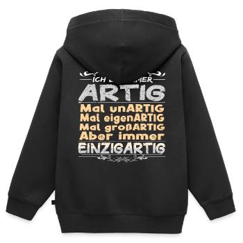 Ich bin immer artig und einzigartig - Kinder Premium Organic Zip Hoodie - Schwarz - Hinten - AI Model Kid Male (0cm)