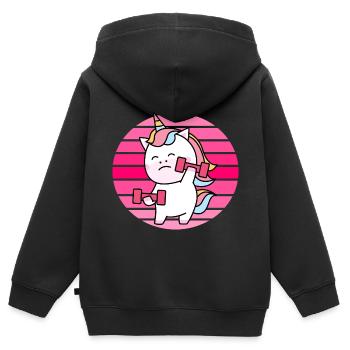 Muskel Einhorn Sonnenuntergang - Kinder Premium Organic Zip Hoodie - Schwarz - Hinten - AI Model Kid Male (0cm)
