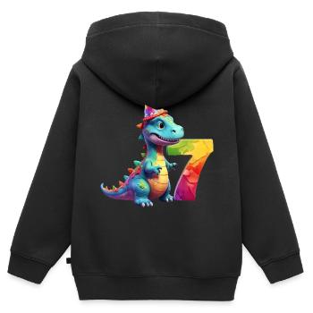 DINO 7 ANS DINOSAURE 7E ANNIVERSAIRE - Sweat Premium à capuche zippé enfant bio - noir - Dos - AI Model Kid Male (0cm)