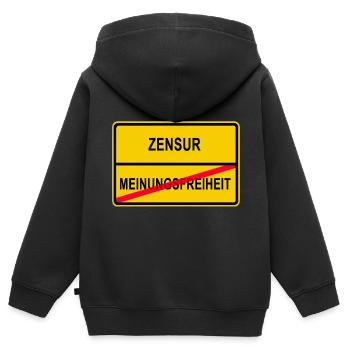 Censure - Liberté d’expression - Sweat Premium à capuche zippé enfant bio - noir - Dos - AI Model Kid Male (0cm)