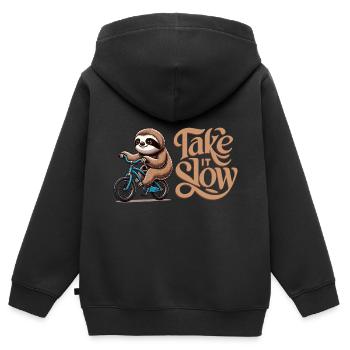 TAKE IT SLOW | Faultier auf einem Fahrrad - Kinder Premium Organic Zip Hoodie - Schwarz - Hinten - AI Model Kid Male (0cm)