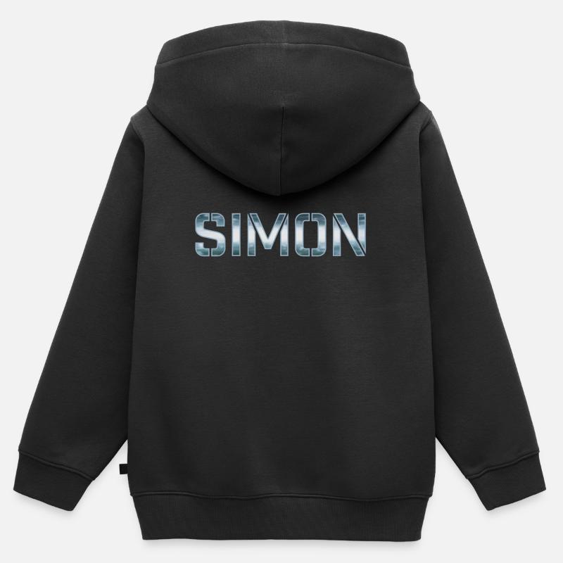 Simon prénom nom bleu argent blanc - Sweat Premium à capuche zippé enfant bio - noir