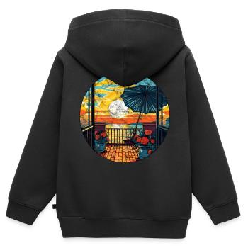Vacances sur le balcon, le parasol, le soleil, la mer - Sweat Premium à capuche zippé enfant bio - noir - Dos - AI Model Kid Male (0cm)