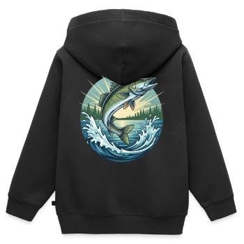 Springender Zander - Kinder Premium Organic Zip Hoodie - Schwarz - Hinten - AI Model Kid Male (0cm)