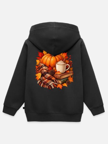 Herbstliche gemütliche Kürbis-Latte-Szene - Kinder Premium Organic Zip Hoodie - Schwarz