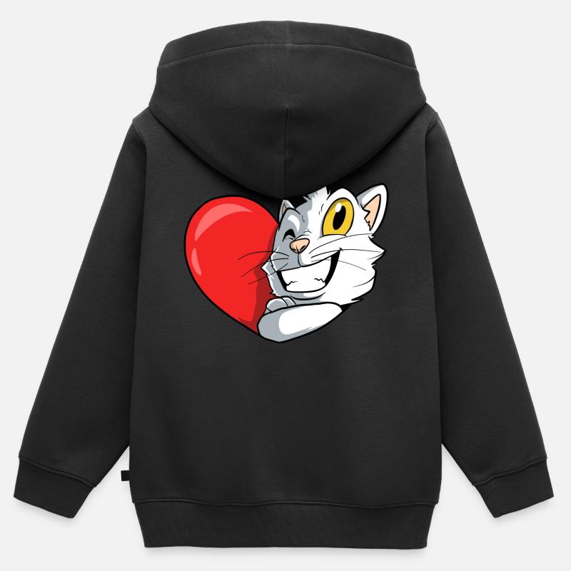 Chat de dessin animé mignon dans le cœur - Sweat Premium à capuche zippé enfant bio - noir