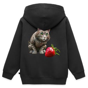 Katze vor riesiger Erdbeere - Kinder Premium Organic Zip Hoodie - Schwarz - Hinten - AI Model Kid Male (0cm)