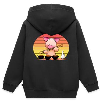 Schwein versucht Sushi mit Stäbchen - Kinder Premium Organic Zip Hoodie - Schwarz - Hinten - AI Model Kid Male (0cm)