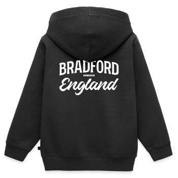 Bradford United Kingdom - Kinder Premium Organic Zip Hoodie - Schwarz - Hinten - AI Model Kid Male (0cm)