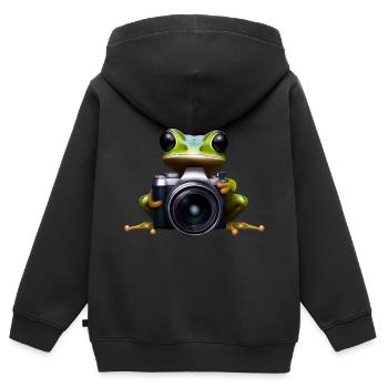 Frosch Fotograf im Einsatz - Kinder Premium Organic Zip Hoodie - Schwarz - Hinten - AI Model Kid Male (0cm)