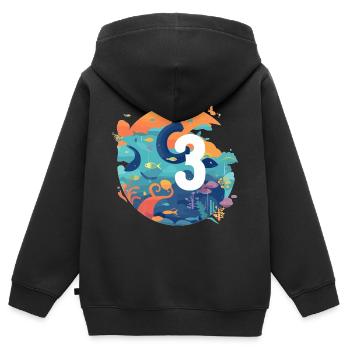 3ème anniversaire Motifs de mer et poissons - Sweat Premium à capuche zippé enfant bio - noir - Dos - AI Model Kid Male (0cm)
