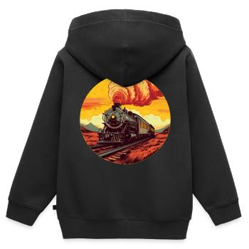 Vintage Dampflok bei Sunset: Zeitreise auf - Kinder Premium Organic Zip Hoodie - Schwarz - Hinten - AI Model Kid Male (0cm)