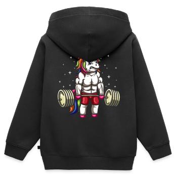 Einhorn Gewichtheber - Kinder Premium Organic Zip Hoodie - Schwarz - Hinten - AI Model Kid Male (0cm)