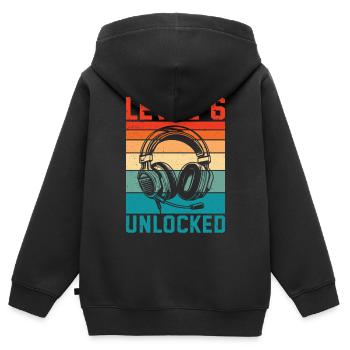 Enfant 6 ans Niveau 6 Débloqué, 6ème anniversaire - Sweat Premium à capuche zippé enfant bio - noir - Dos - AI Model Kid Male (0cm)