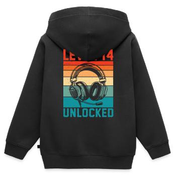 14 ans Anniversaire Ado Gamer Level 14 Unlocked - Sweat Premium à capuche zippé enfant bio - noir - Dos - AI Model Kid Male (0cm)