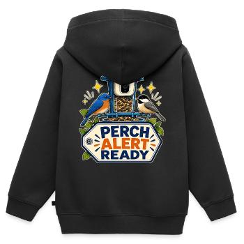 PERCH ALERT READY - Kinder Premium Organic Zip Hoodie - Schwarz - Hinten - AI Model Kid Male (0cm)