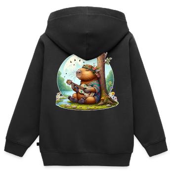 Capybara Gitarre Hippie Peace - Kinder Premium Organic Zip Hoodie - Schwarz - Hinten - AI Model Kid Male (0cm)