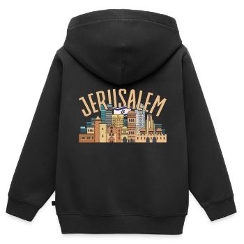 Cadeau israélien Jérusalem Israël - Sweat Premium à capuche zippé enfant bio - noir - Dos - AI Model Kid Male (0cm)