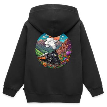Nostalgischer Eisenbahnzug qualmender Lokomotive - Kinder Premium Organic Zip Hoodie - Schwarz - Hinten - AI Model Kid Male (0cm)