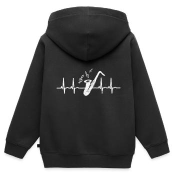 Idée cadeau pour saxophonistes ECG heartbeat Saxo - Sweat Premium à capuche zippé enfant bio - noir - Dos - AI Model Kid Male (0cm)