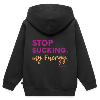 Stop à l’énergie #LilaLovesFry #HSP - Sweat Premium à capuche zippé enfant bio - noir - Dos - AI Model Kid Male (0cm)