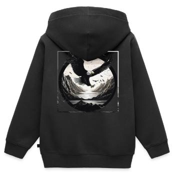 Aigle, Paysage, Noir et Blanc, Rétro, Cercle, Montagnes - Sweat Premium à capuche zippé enfant bio - noir - Dos - AI Model Kid Male (0cm)