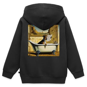 Hund, der im Badezimmer Zeitung liest ,retro look - Kinder Premium Organic Zip Hoodie - Schwarz - Hinten - AI Model Kid Male (0cm)