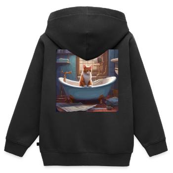 chat dans la baignoire, lecture de journaux, rétro - Sweat Premium à capuche zippé enfant bio - noir - Dos - AI Model Kid Male (0cm)