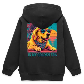 Golden Retriever Era Vintage | Chien Retro Sunset - Sweat Premium à capuche zippé enfant bio - noir - Dos - AI Model Kid Male (0cm)