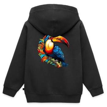 Toucan sur feuilles panachées - Sweat Premium à capuche zippé enfant bio - noir - Dos - AI Model Kid Male (0cm)