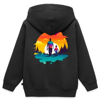 Père et fils devant le coucher du soleil - Sweat Premium à capuche zippé enfant bio - noir - Dos - AI Model Kid Male (0cm)