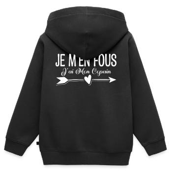 Je m'en fous j'ai mon copain. Cadeau copain copine - Sweat Premium à capuche zippé enfant bio - noir - Dos - AI Model Kid Male (0cm)