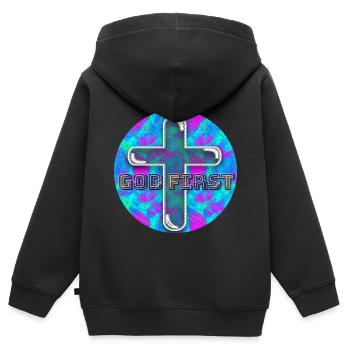 God First (Eins) - Kinder Premium Organic Zip Hoodie - Schwarz - Hinten - AI Model Kid Male (0cm)