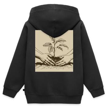deux mains plantant un jeune arbre - Sweat Premium à capuche zippé enfant bio - noir - Dos - AI Model Kid Male (0cm)