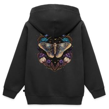 Moth, papillon de nuit, fleurs, lune, gothique, wicca - Sweat Premium à capuche zippé enfant bio - noir - Dos - AI Model Kid Male (0cm)