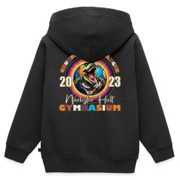 Changement d’école Gymnase Dinosaure Ecolier Dino - Sweat Premium à capuche zippé enfant bio - noir - Dos - AI Model Kid Male (0cm)