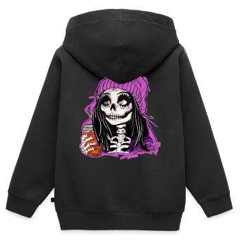 Skelett Mädchen im Lila Hoodie - Kinder Premium Organic Zip Hoodie - Schwarz - Hinten - AI Model Kid Male (0cm)