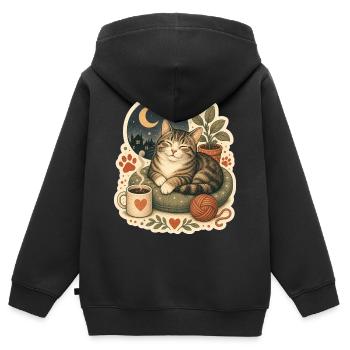 Gemütliche Katze Kaffee Garn - Kinder Premium Organic Zip Hoodie - Schwarz - Hinten - AI Model Kid Male (0cm)