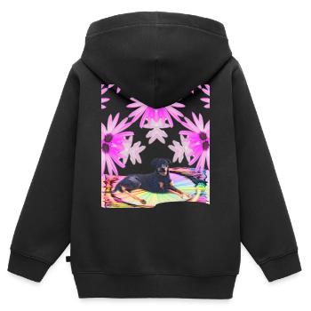 Rüde Lobo - umgeben von rosa Blumen im Regenbogen  - Kinder Premium Organic Zip Hoodie - Schwarz - Hinten - AI Model Kid Male (0cm)