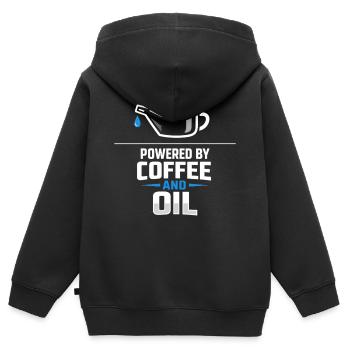 Powered By Coffee And Oil Schrauber Spruch Kaffee - Kinder Premium Organic Zip Hoodie - Schwarz - Hinten - AI Model Kid Male (0cm)