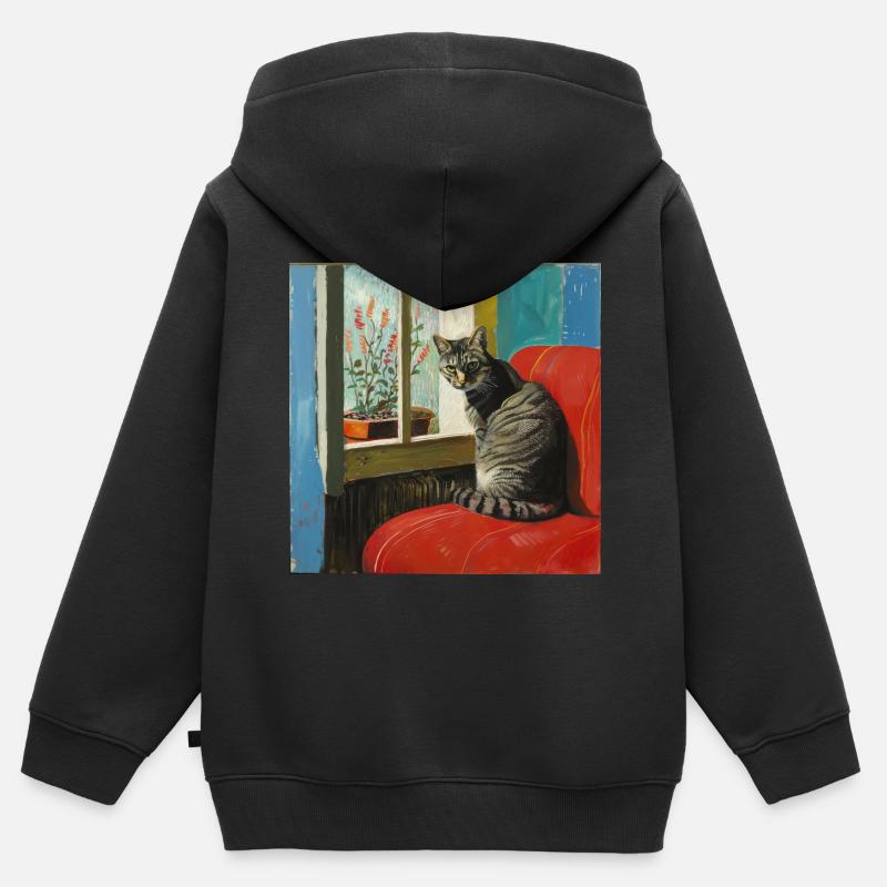 Chat, motif chat, pop art, cadeau, idée cadeau - Sweat Premium à capuche zippé enfant bio - noir