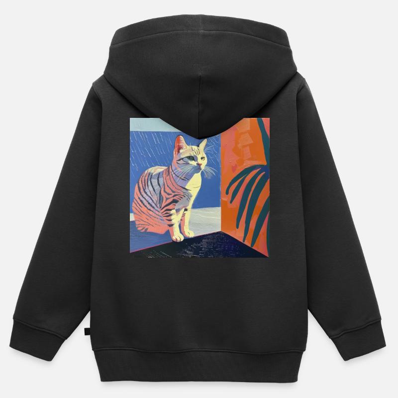 Chat, motif chat, pop art, cadeau, idée cadeau - Sweat Premium à capuche zippé enfant bio - noir